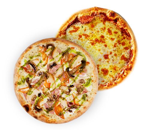 Пицца с ветчиной и сыром, 420г + Пицца с курицей и грибами, 450г