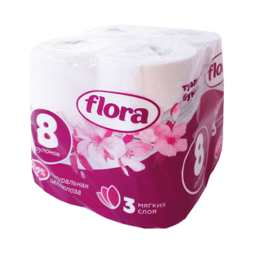 Туалетная бумага Flora, 8 рулонов, 3 слоя