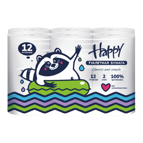 Бумага туалетная Хэппи, 2 сл, 12 шт